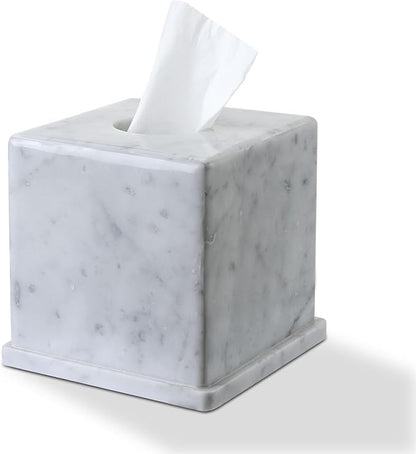 HAMAKAWA Natural Marble Tissue Box Cover, Carrara White Tissue Organizer 6 X 6 X 5.7 Inch, Heavy Stone Decorative Box, Square Tissue Box Holder for Home Decor, Kitchen, Bathroom, Bedroom
