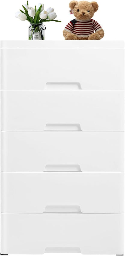 Plastic Dresser for Bedroom with 5 Drawers,Stackable Vertical Storage Tower, Small Dresser Chest of Drawers, Mobile Drawer Storage Cabinet with Wheels for Hallway Entryway,Bedroom Furniture (White)