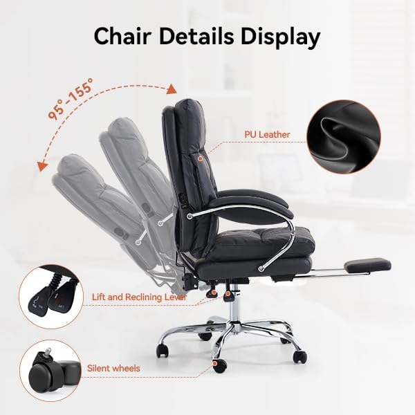LEAGOO Heated Massage Office Chair with Foot Rest, Reclining Ergonomic Executive Office Chair with Massager for Lower Back, High Back PU Leather Comfy Heated Computer Desk Chair with Arms, Black
