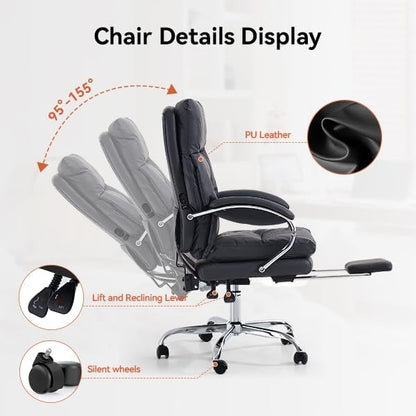 LEAGOO Heated Massage Office Chair with Foot Rest, Reclining Ergonomic Executive Office Chair with Massager for Lower Back, High Back PU Leather Comfy Heated Computer Desk Chair with Arms, Black
