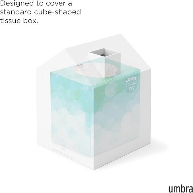 Umbra Casa Tissue Box Cover, Adorable House Shaped Square Kleenex Box Holder for Bathroom, Bedroom or Office, White