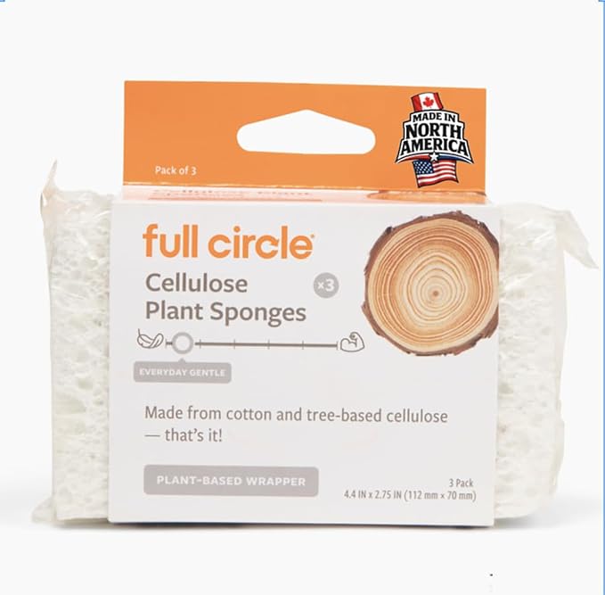 Full Circle 100% Plant-Based Cellulose Sponges – Pack of 3 – Plastic-Free, Natural Sponge, No Microplastics, Safe for Nonstick Cookware