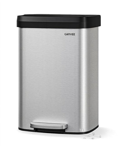 Garvee 13 gal / 50 L Stainless Steel Trash Can with Lid, Large Garbage Can for Kitchen, Rustproof Step-on Kitchen Metal Trash Bin with Liner Rim, Rear Handle, Soft Close Plastic Lid, Silver