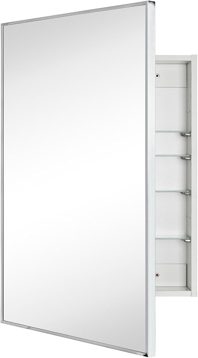 TEHOME 24'' x 30'' Chrome Recessed and Surface Mount Bathroom Medicine Cabinet with Mirror Square Cornered Metal Framed Rounded Rectangle Medicine Cabinet Mirror