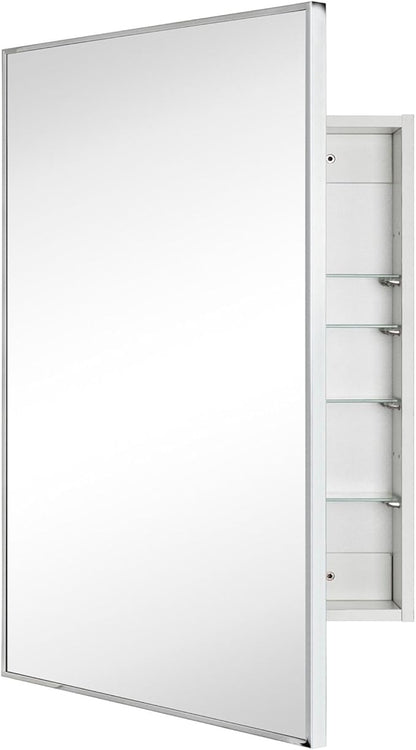 TEHOME 24'' x 30'' Chrome Recessed and Surface Mount Bathroom Medicine Cabinet with Mirror Square Cornered Metal Framed Rounded Rectangle Medicine Cabinet Mirror