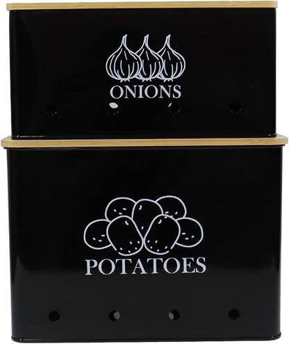Potato and Onion Storage Bin Set of 2, Vented Metal Vegetable Storage with Wooden Lids, Farmhouse Kitchen Canisters for Countertop Pantry Organizer, Potato Bin Onion Holder for Produce Storage, Black