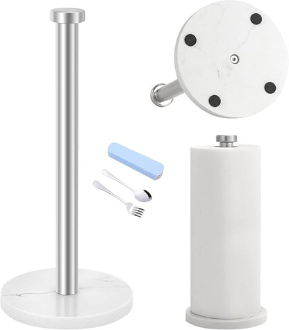 Standing Paper Towel Holder, Kitchen Paper Towel Roll Holder- for Bathroom Kitchen Countertop with Weighted Marble Base for One-Handed Operation (Silver), Silver Paper Towel Holder