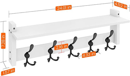 Homode Wall Shelf with Hooks, 24 Inch Coat Rack with Tri Hooks, Farmhouse Entryway Floating Coat Hanger with Storage for Bathroom, Entry Way, Mudroom, White