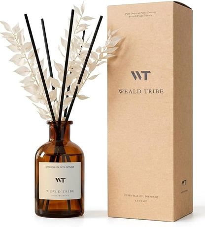 WEALD TRIBE Reed Diffuser Set for Bathroom Air Fresheners, Oil Diffuser Sticks | Hotel White Tea Scent 4.0 fl oz Home Fragrance with Sticks Defusers | House Bedroom Office Shelf Decor