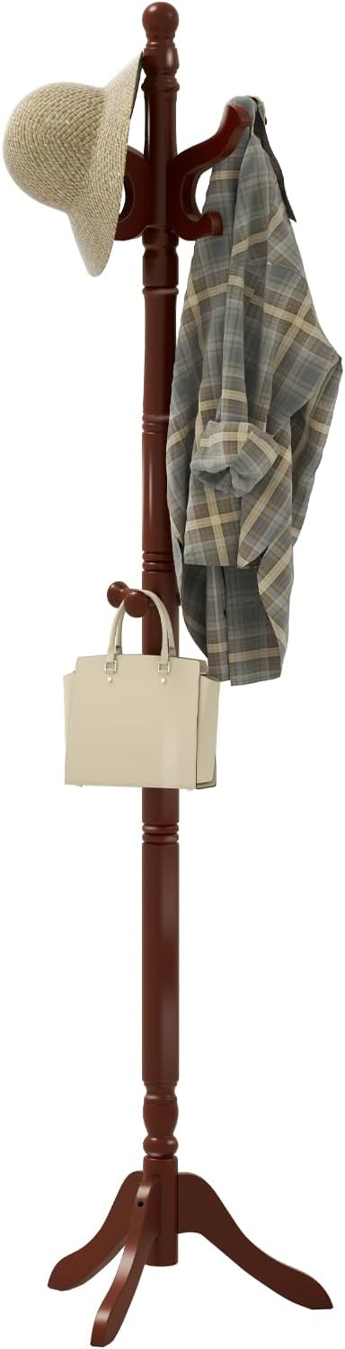Giantex Solid Wood Coat Rack, Freestanding Hall Tree with 3 Adjustable Heights and 11 Hooks, Rubber Wood Frame, Entryway Hanger Stand, Wooden Garment Rack for Hallway, Living Room (Reddish Brown)