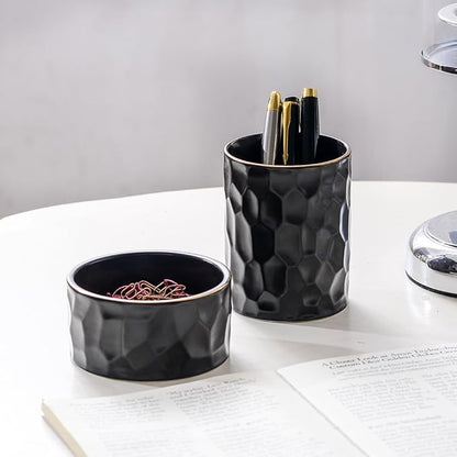 Aesthetic Desk Organizer Set of 2 For Office, Ceramic Pen Holder and Paper Clip Holder Dispenser, Cute Pencil Cup Pot for Desk, Desktop Accessories For Women Men, Office Decor Ideal Gifts (Black Set)
