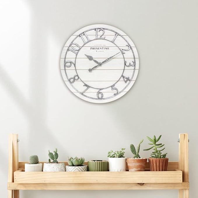 Presentime & Co Classic Farmhouse Shiplap Clock, 19.5 inch, Galvanized Finish Arabic Numerals with White Shiplap Style. Large Farmhouse Decor for Living Room, Entryway, Home Office. Wall Décor