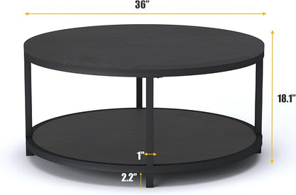 NSdirect Round Coffee Table, 36" Rustic Wooden Surface Top & Sturdy Metal Legs Industrial Sofa Table for Living Room Modern Design Home Furniture with Storage Open Shelf (Black Oak)