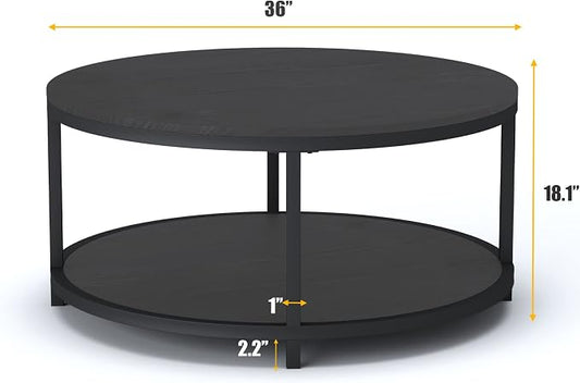 NSdirect Round Coffee Table, 36" Rustic Wooden Surface Top & Sturdy Metal Legs Industrial Sofa Table for Living Room Modern Design Home Furniture with Storage Open Shelf (Black Oak)