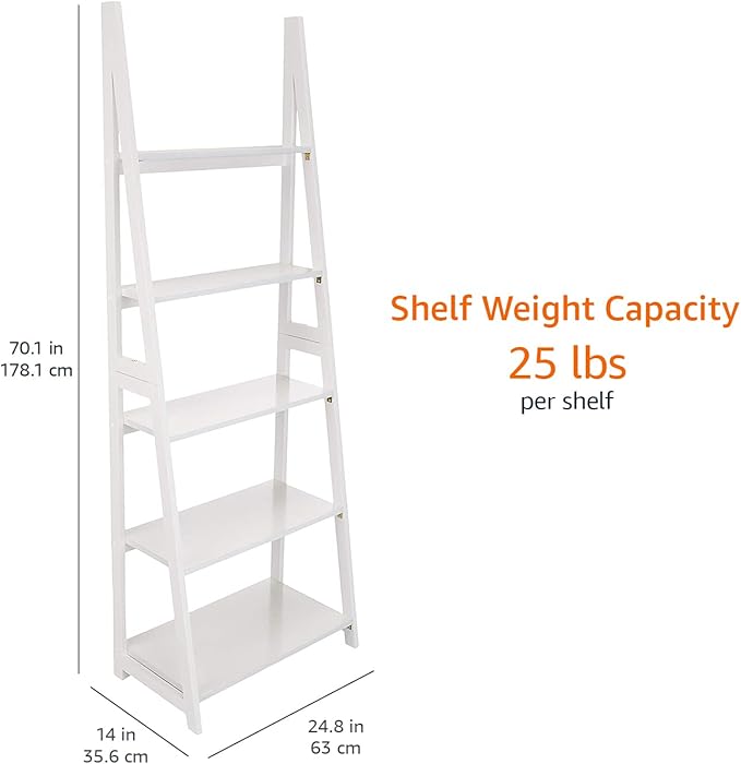 Amazon Basics 5-Tier Ladder Bookshelf Storage Organizer for Small Space, Easy to Assemble, Solid Rubberwood Frame, White Finish, 14D x 24.8W x 70.1H in