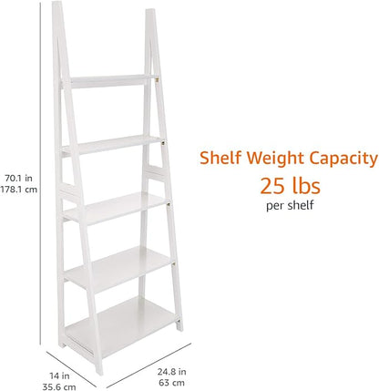 Amazon Basics 5-Tier Ladder Bookshelf Storage Organizer for Small Space, Easy to Assemble, Solid Rubberwood Frame, White Finish, 14D x 24.8W x 70.1H in