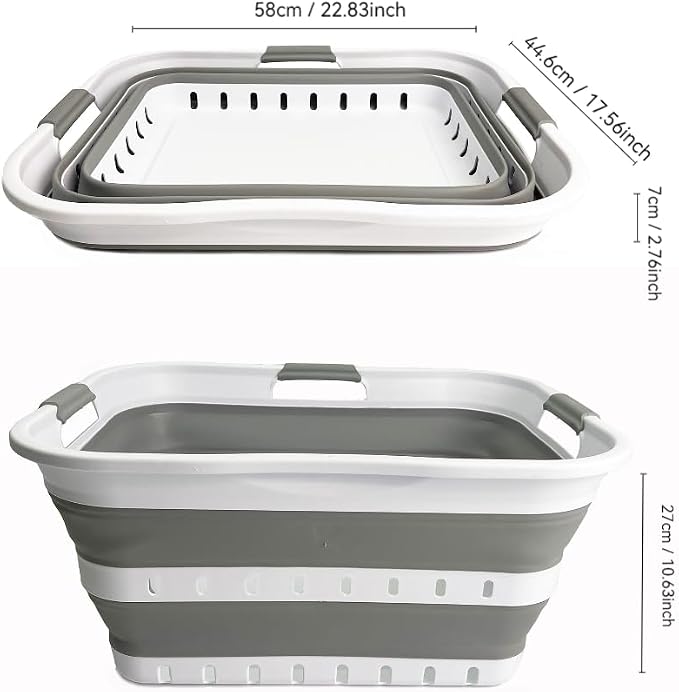 SAMMART 42L (11 gallons) Set of 2 Plastic Foldable Storage Basket/Container - Collapsible, Space Saving and Portable Laundry Hamper, Ideal for Home, Travel, Dorm, and Camping (2, White/Grey)