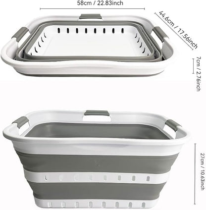 SAMMART 42L (11 gallons) Set of 2 Plastic Foldable Storage Basket/Container - Collapsible, Space Saving and Portable Laundry Hamper, Ideal for Home, Travel, Dorm, and Camping (2, White/Grey)