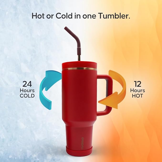 40oz Travel Tumbler Cup with Handle, Two-Way Slider Lid, Stainless Steel Straw with Silicone Tip, Vacuum Insulated Water Bottle for Hot & Cold Drinks, Great Gifts for Mom (Red Gold)