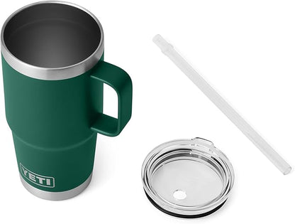 YETI Rambler 25 oz Tumbler with Handle and Straw Lid, Travel Mug Water Tumbler, Vacuum Insulated Cup with Handle, Stainless Steel, Black Forest Green