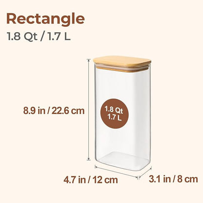 ComSaf 1.8Qt Rectangular Glass Food Storage Containers with Lids, 3-Piece Airtight Cereal Containers Storage, Glass Jars with Bamboo Lids, Space Saving Pantry Organizers for Flour, Pasta, Nut & Coffee