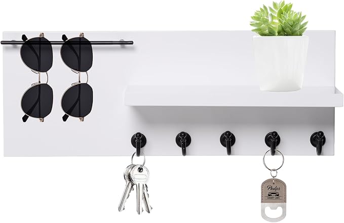 SANY DAYO HOME Real Wood Key Holder Rack Wall Mount 16 x 6 inches White Entryway Shelf with 5 Black Hooks, Metal Sunglass Bar, and Floating Board for Keychain, Purse
