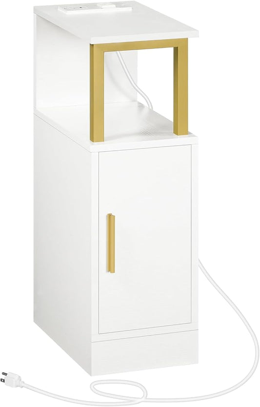 Narrow Nightstand, Bedside Table with Charging Station, Skinny End Table with Cabinet, Modern Night Stand for Small Spaces, Bed Side Cabinet for Bedroom, White and Gold ET27UDW