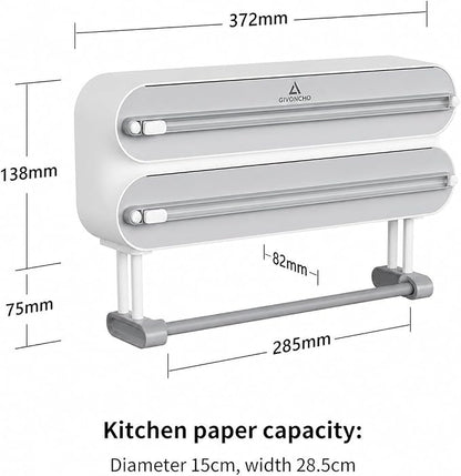 Magnetic Plastic Wrap Dispenser with Cutter, 3-in-1 Kitchen Wrap Organizer for Plastic Wrap, Aluminum Foil & Cling Film, Wall Mount Wrap Dispenser with Paper Towel Holder (3 in 1)