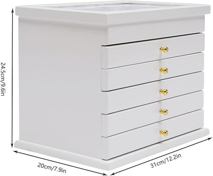 Wood Jewelry Box 6-Tier Large Jewelry Organizer Cabinet with 5 Drawers Women Girls Storage Display Case for Necklace Rings Earrings Accessories, with Mirror and Lock (Without Mirror-white)