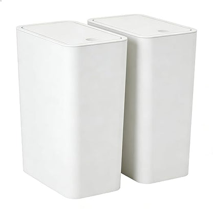 Compact Push-in Trash Can with Lid for Bathrooms, Kitchens, Living Rooms, Offices, Etc., Trash Can with Pop-Up Lid, 10 Liter/2.6 Gallon Slimline (White，2 Pieces)