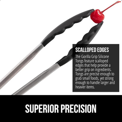 GORILLA GRIP Stainless Steel Heat Resistant Kitchen Tongs for Cooking, 9 + 12 Inch, Set of 2 BBQ Tong, Non Scratch Silicone Tip for Pan, Strong Grip, Grab Food, Toss Salad, Air Fryer, Pull Lock, Black