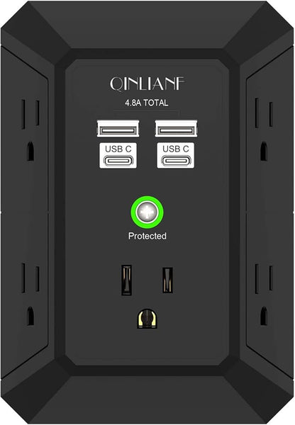 USB Wall Charger, Surge Protector, QINLIANF 5 Outlet Extender with 4 USB Charging Ports (4.8A Total) 3-Sided 1680J Power Strip Multi Plug Outlets Wall Adapter Spaced for Home Travel Office(2U2C),Black