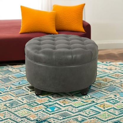 Homepop Home Decor |Button Tufted Faux Leather Round Storage Ottoman | Ottoman with Storage for Living Room & Bedroom (Gray)