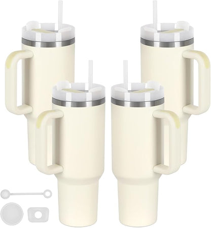 4 Pack 40 Oz Tumbler with Handle Bulk, Double Wall Vacuum Insulated Stainless Steel Tumbler with Lid and Straw, 40 oz cup with Silicone Spill Proof Stopper Set (Cream)