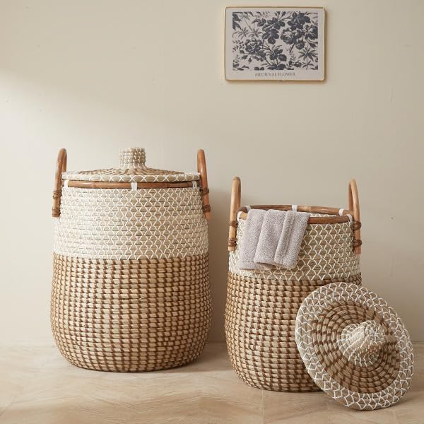 Laundry Baskets Hamper with Handles and Lid,2-Pack Handwoven Natural Seagrass Storage Hamper with Removable Laundry Bag, Toy Clothes Hamper for Home Bedroom, Bathroom, Laundry Room