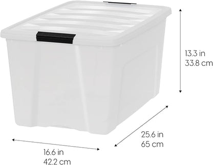 IRIS USA 72 QT Plastic Storage Box with Lid and Latches - 4 Pack - BPA-Free, Discreet Organizing Solution, Durable Nestable Stackable Containers, Secure Pull Handle - Pearl