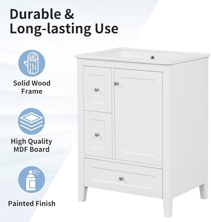 Merax 24 inch Bathroom Vanity with Drawers, Modern White Vanity for Small Bathroom with Adjustable Shelf & Removable Dividers, Easy to Clean Glossy Finish, White