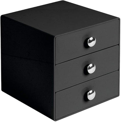 iDesign 35360 3-Drawer Plastic Vanity Organizer, Compact Storage Organization Set for Cosmetics, Dental Supplies, Hair Care, Bathroom, Dorm, Desk, Countertop, Office, 6.5" x 6.5" x 6.5", Black