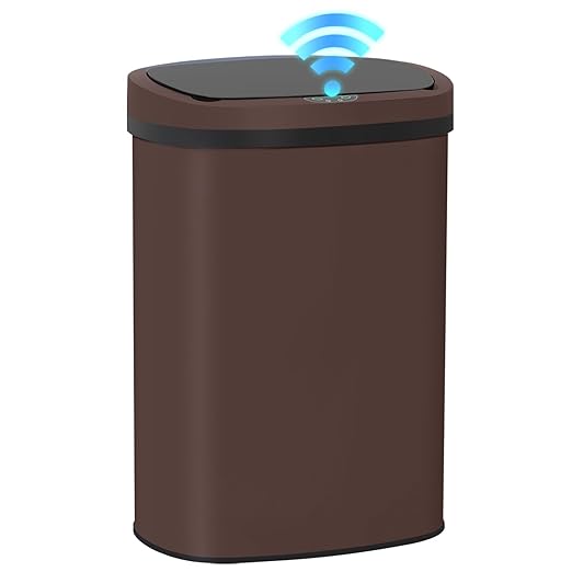 BestOffice | 13 Gallon Stainless Steel Trash Can with Lid | Brown | Automatic Touchless Garbage Can | Odor Control | Modern Oval Design | Easy to Clean | Fits Any Kitchen, Bathroom, Office or Home
