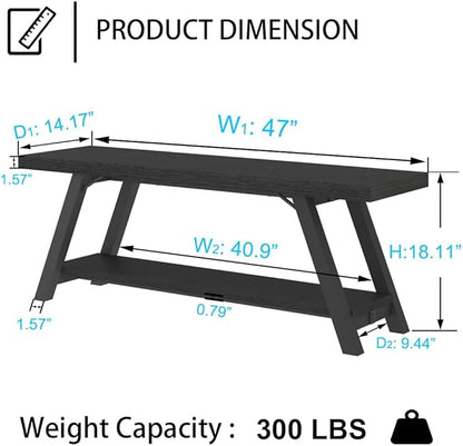 LVB Black Bench, Modern Storage Bench for Bedroom, Wood Metal Entryway Bench for Hallway Dining Living Room, Famrhouse Shoe Rack Indoor Accent Seating Benchs for Foyer Entrance, Black Oak 47 Inch Long