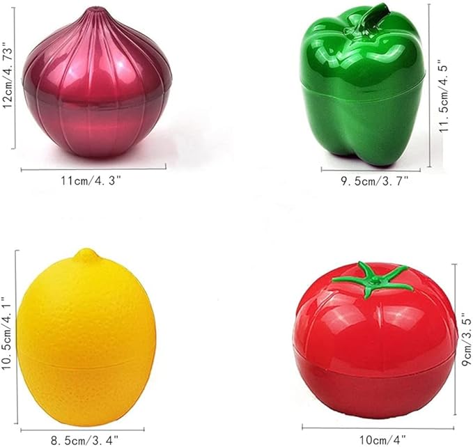 Onion, tomato, lemon, green pepper 4 PCS Vegetable and Fruit Storage Containers for Fridge,，Reusable SiliconeRefrigerator Box Storage Bowls Saver Holder Keeper