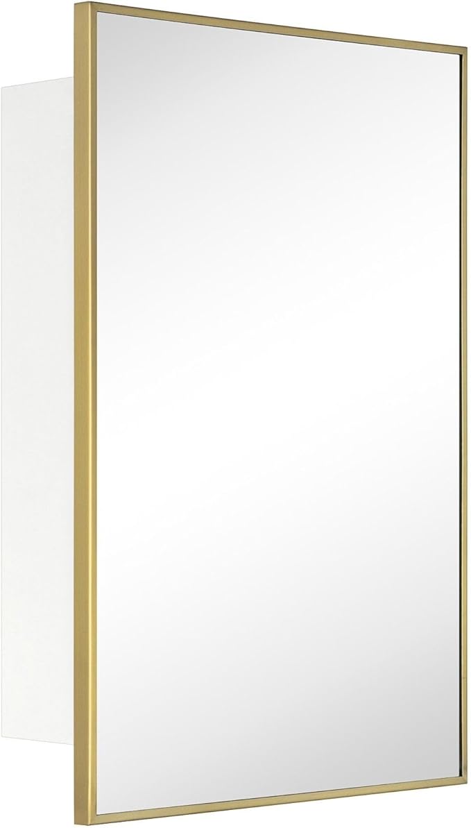 TEHOME 17.5'' x 29'' Brushed Gold Recessed and Surface Mount Bathroom Medicine Cabinet with Mirror Brushed Gold Square Cornered Metal Framed Rounded Rectangle Medicine Cabinet Mirror