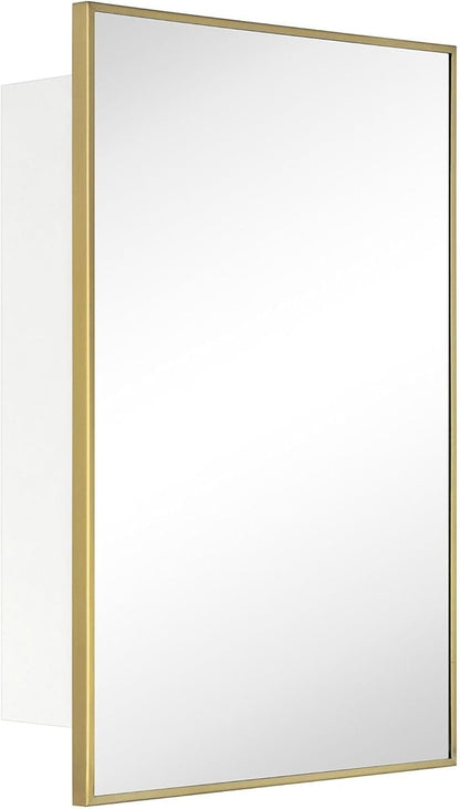 TEHOME 17.5'' x 29'' Brushed Gold Recessed and Surface Mount Bathroom Medicine Cabinet with Mirror Brushed Gold Square Cornered Metal Framed Rounded Rectangle Medicine Cabinet Mirror