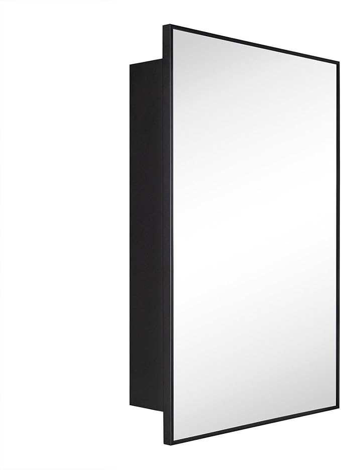 TEHOME 20'' x 30'' Black Recessed and Surface Mount Bathroom Medicine Cabinet with Mirror Matt Black Square Cornered Metal Framed Rounded Rectangle Medicine Cabinet Mirror
