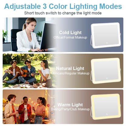 YEKKOPT Portable Desk Vanity Mirror with Lights,10"×12" Small Rechargeable Makeup Mirror with Lights,Smart Touch Screen with 3-Color Lighting,Dimmable,for Dorm Tabletop,Bedroom,Decor
