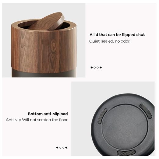 15L/4GAL Modern Metal Waste Bin with Realistic Wood Texture,Built-in Bag Holder,Swing Lid Trash Bin for Bathroom,Home,Office,Living Room (4gal Swing lid)