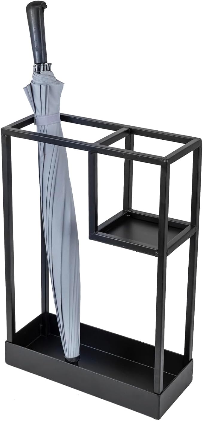 MyGift Modern Black Metal Entryway Umbrella Rack with Geometric Design, 13 x 5-inch Wide Rectangular Freestanding Cane Umbrella Holder with Shelf for Small Umbrellas and Bottom Drip Catch Tray