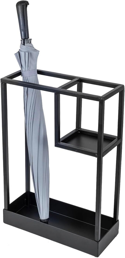 MyGift Modern Black Metal Entryway Umbrella Rack with Geometric Design, 13 x 5-inch Wide Rectangular Freestanding Cane Umbrella Holder with Shelf for Small Umbrellas and Bottom Drip Catch Tray