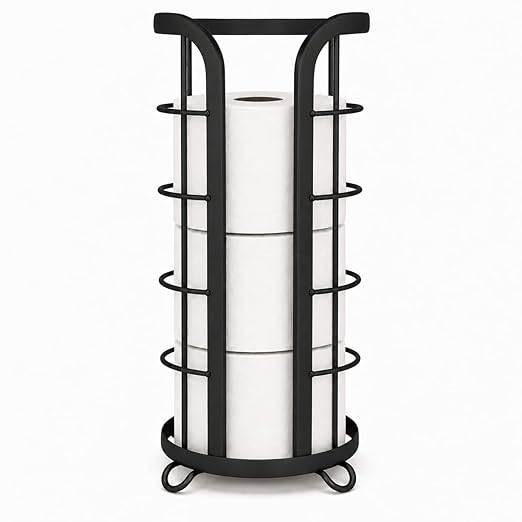 BROOKSTONE Toilet Paper Holder Stand Reserve - Free Standing Toilet Paper Stand with Storage that Holds Mega Rolls, Standing Bathroom Tissue Organizer, Bathroom Decor - Modern Storage Holder, Black