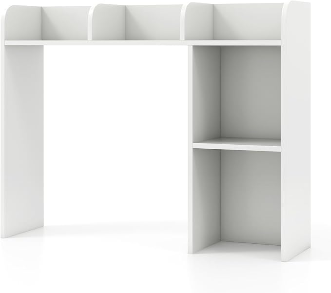 Desk Hutch, Desktop Shelf with 5 Shelves, Desk Bookshelf w/Anti-Toppling Devices, Wood Table Top Bookshelf Organizer, Small Desk Shelf for Study, Office, Dorm (White, 5 Shelves)